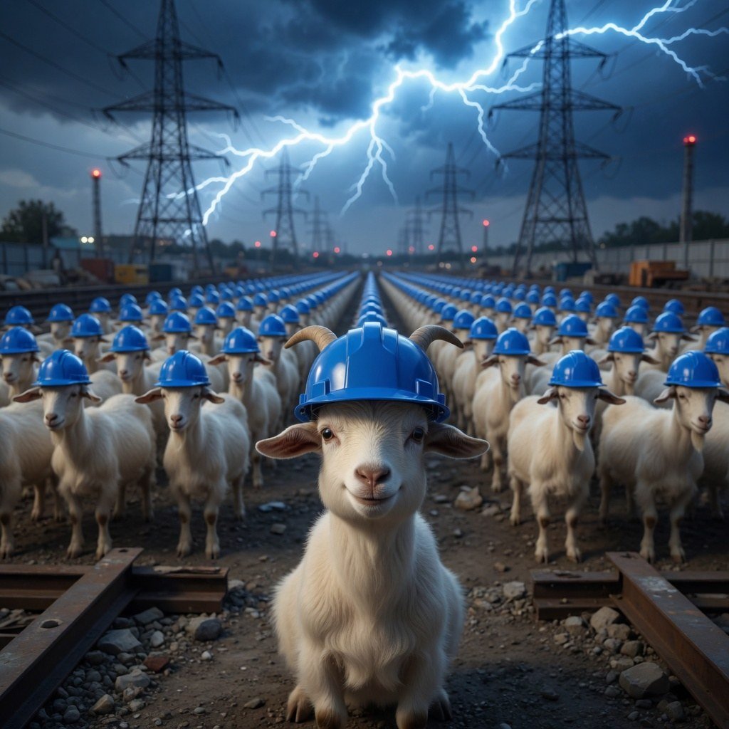 Rows of goats in blue hardhats under a lightning storm.