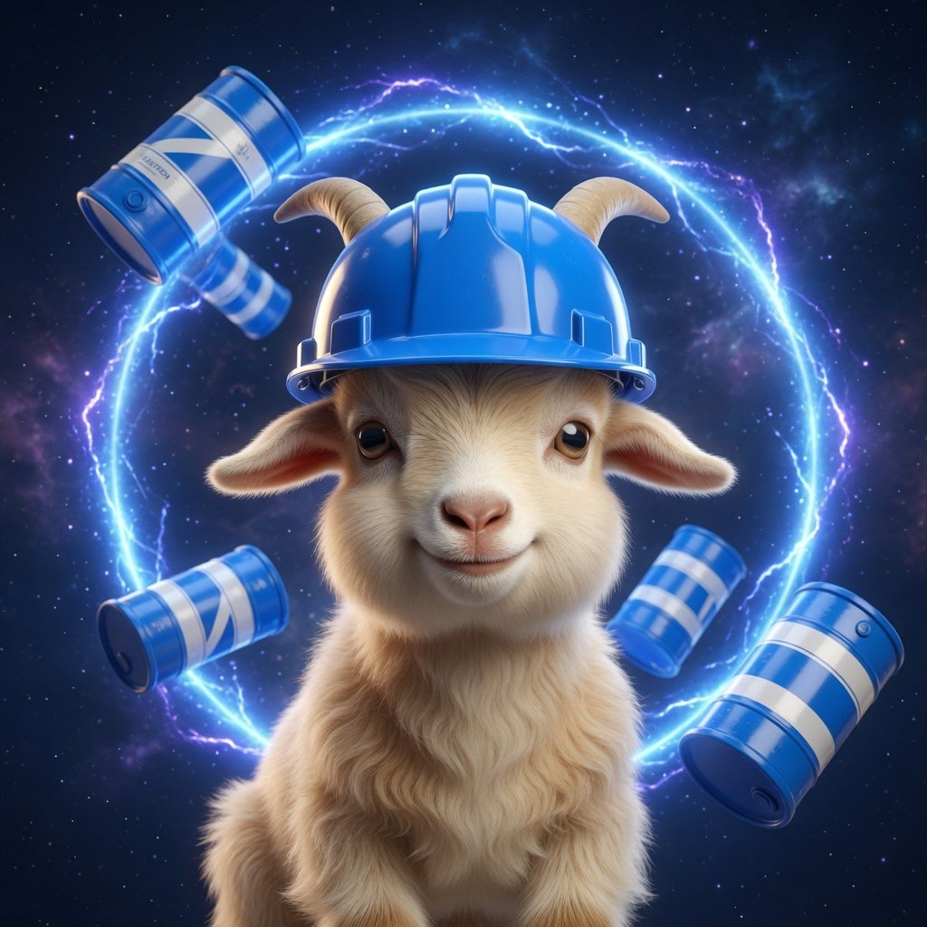Cream goat in a blue hardhat with two horns, sitting inside a glowing blue energy ring.