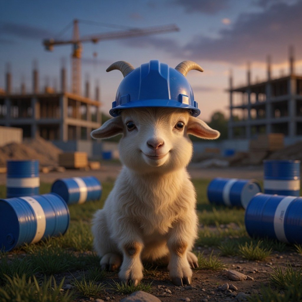 The goat on a dusk construction site among blue barrels.